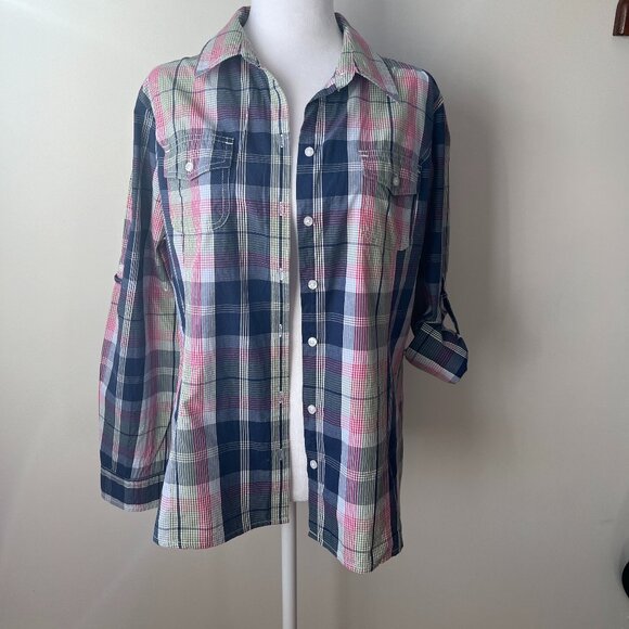 🌈 Tommy Hilfiger Blue Pink & Green Plaid/Stripe Cotton Button-Down Versatile XL - Picture 1 of 10